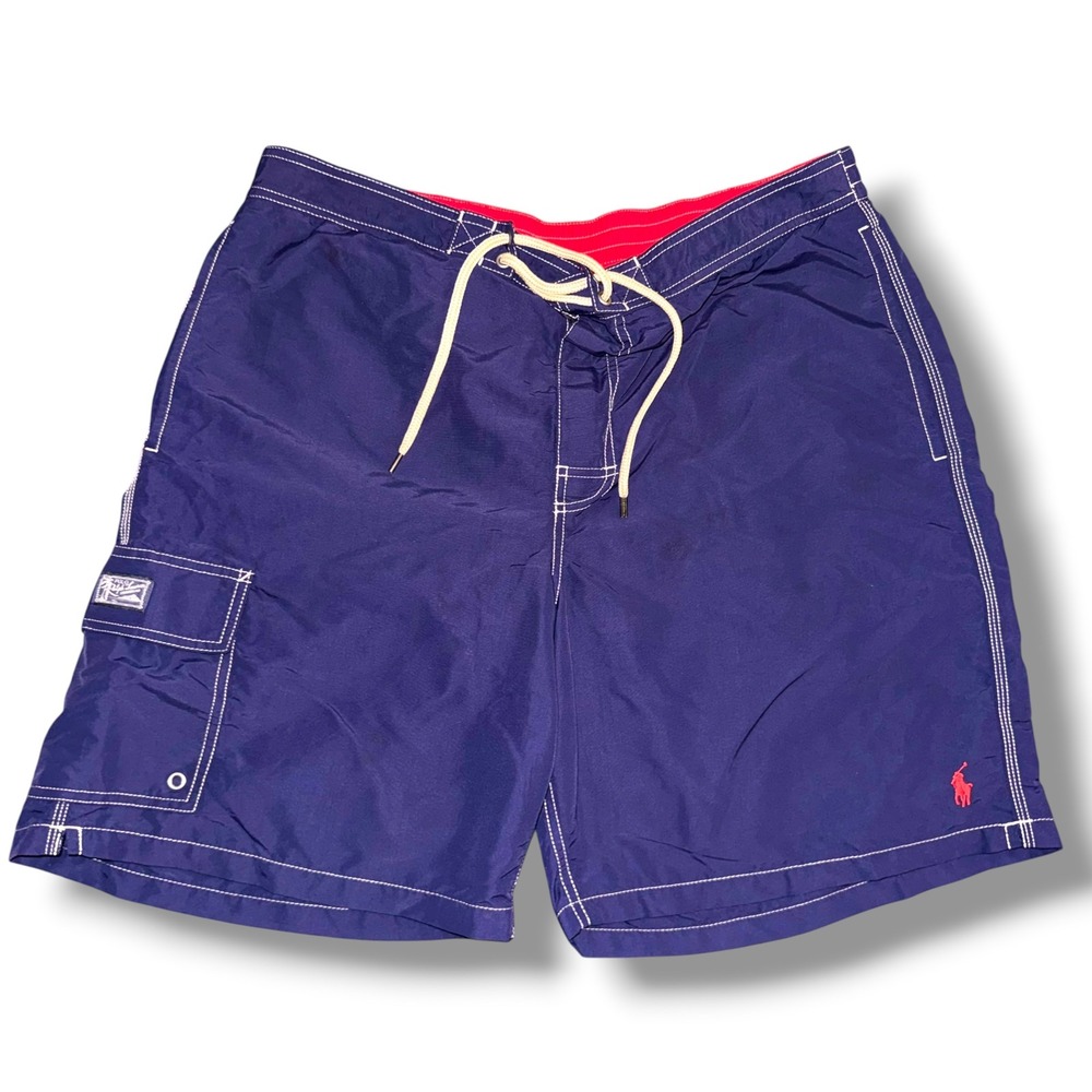 Polo Ralph Lauren Swim Trunks Men XL Navy Blue Cargo Pocket Red Pony Logo